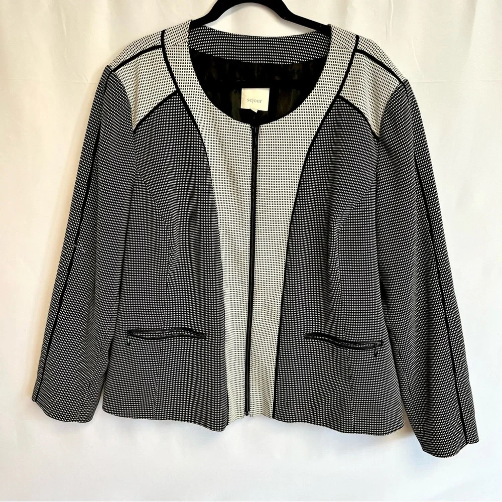 Sejour Black White Checkered Zipper Front Career Blazer Stretch Jacket Size 22W